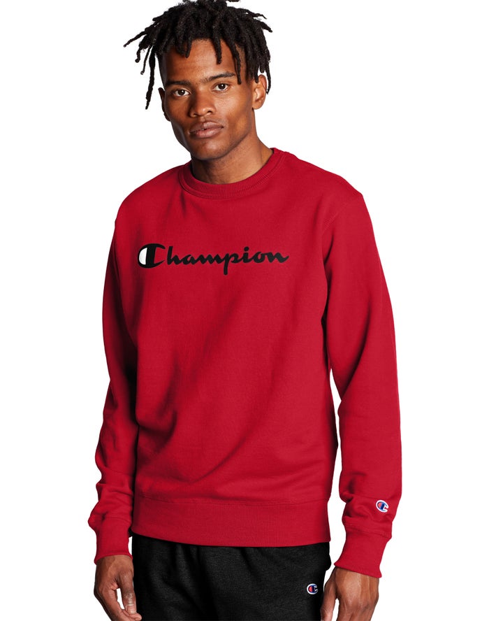 Champion Herre Sweatshirt Rød - Powerblend Crew Script Logo - Danmark JCG-254870